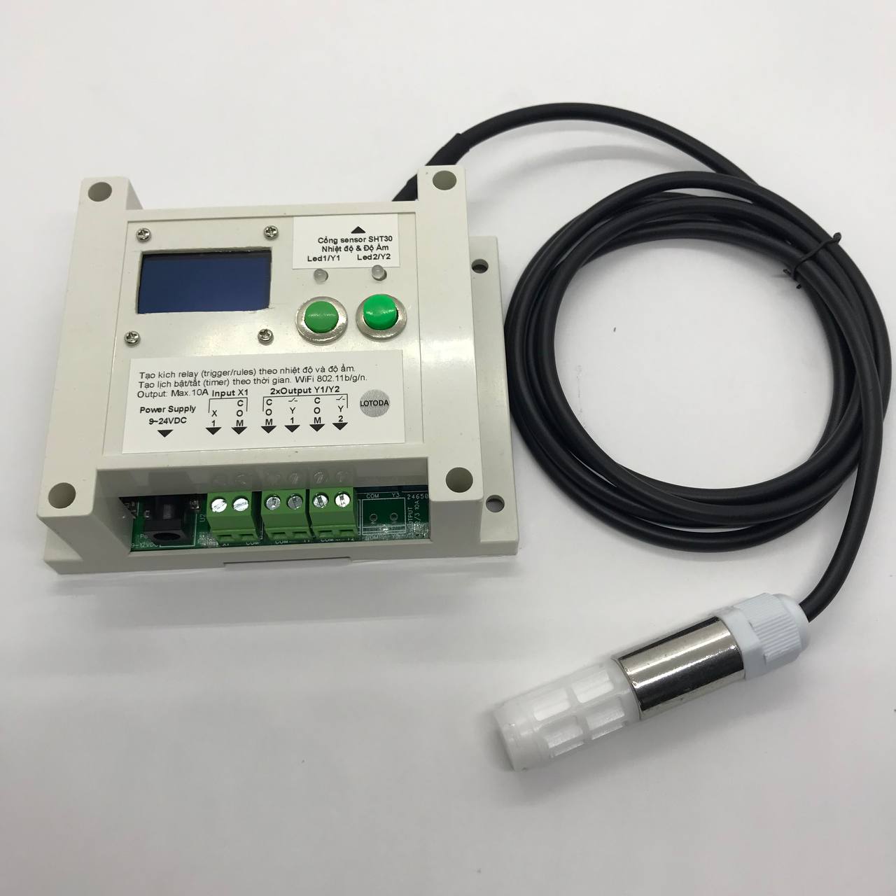 THIẾT BỊ IOT USENSE WIFI ĐIỀU KHIỂN TỰ ĐỘNG 2 KÊNH OUTPUT DC/AC & 1 SENSOR NHIỆT ĐỘ&ĐỘ ẨM VỚI HIỂN THỊ LCD