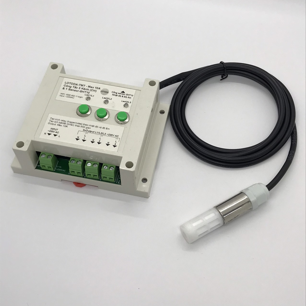 THIẾT BỊ WIFI 3 KÊNH RELAY OUTPUT 220VAC &1 SENSOR NHIỆT ĐỘ&ĐỘ ẨM